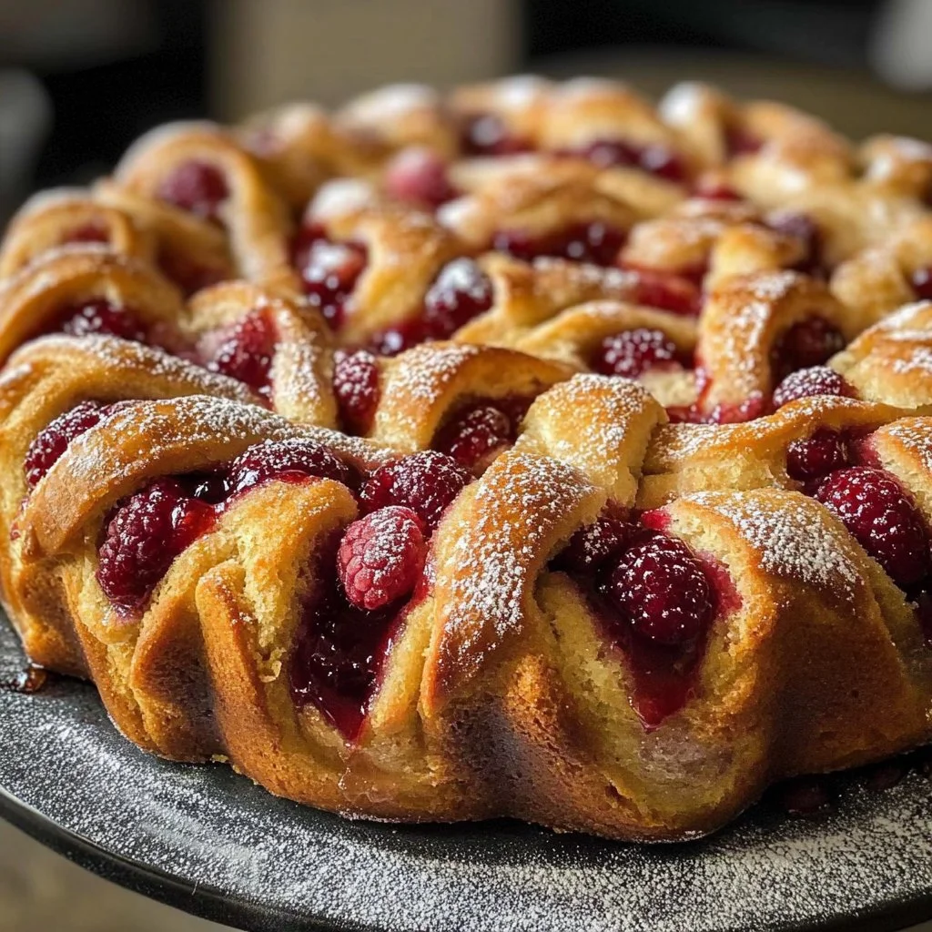 Freshly baked Raspberry Jam Twist Bread with a golden crust and vibrant filling.
