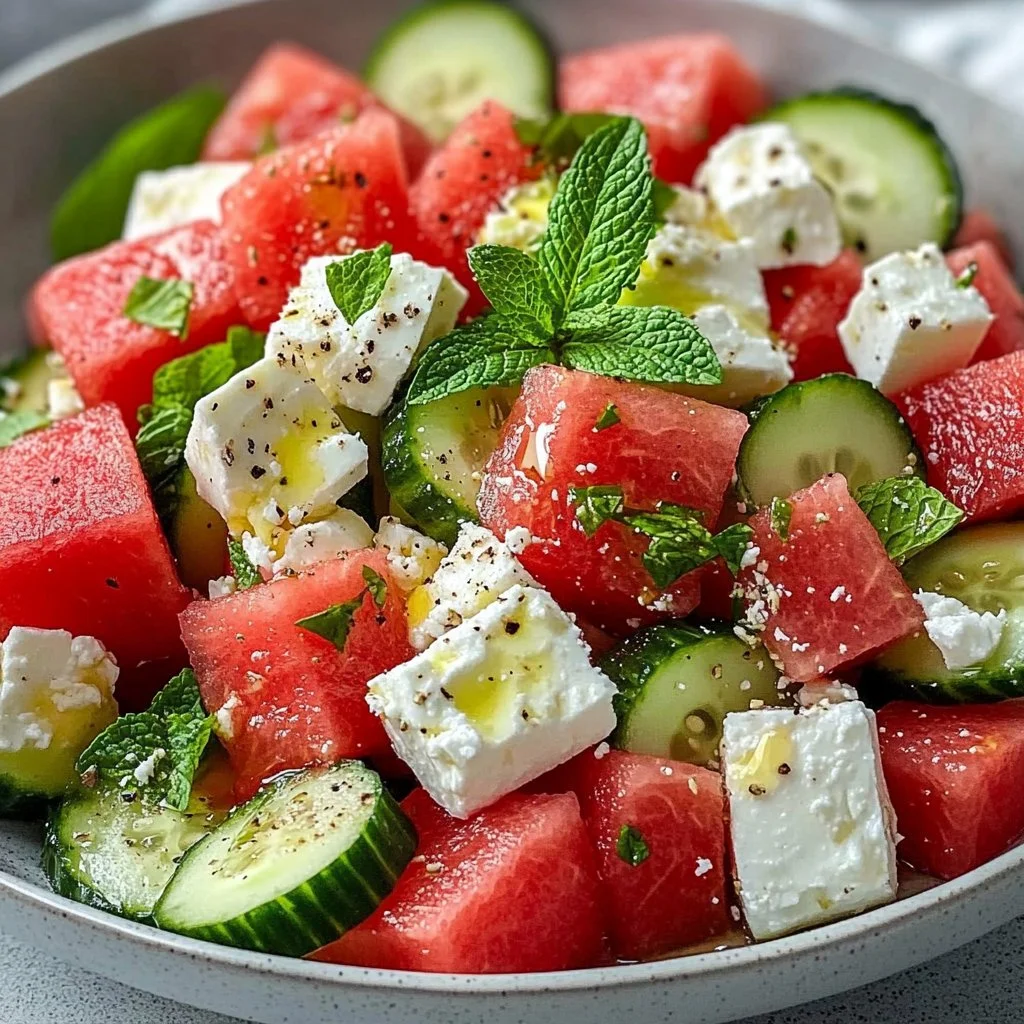 A colorful bowl of Watermelon Cucumber Feta Salad with fresh ingredients