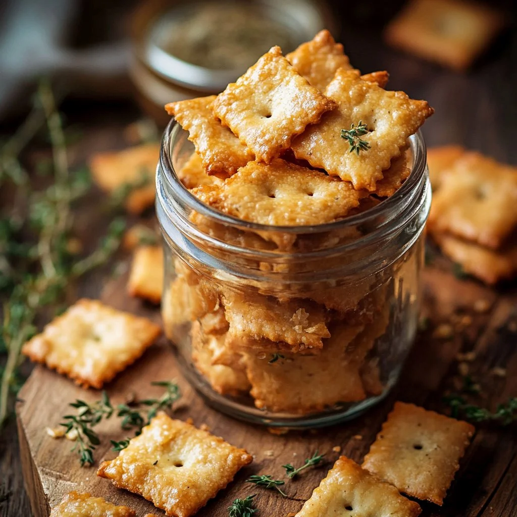 Freshly baked sourdough cheese crackers served on a wooden board