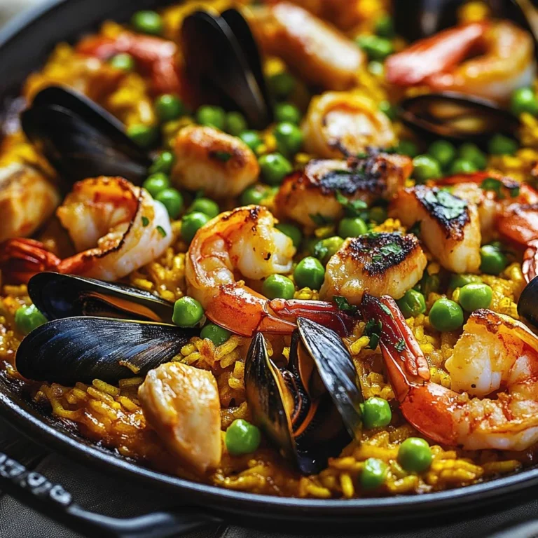 Delicious Spanish Paella with Chicken and Seafood served in a traditional pan