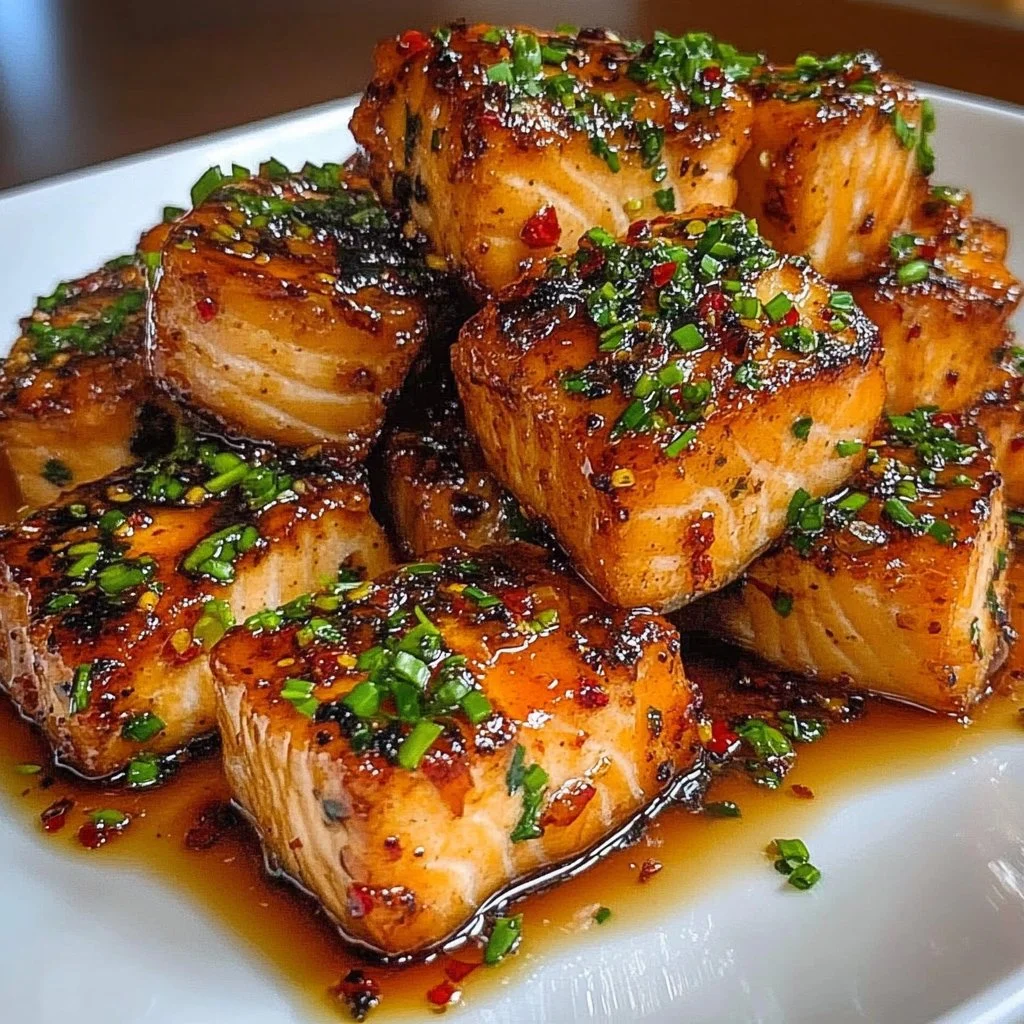 Spicy Sweet Hot Honey Salmon Bites on a plate garnished with herbs