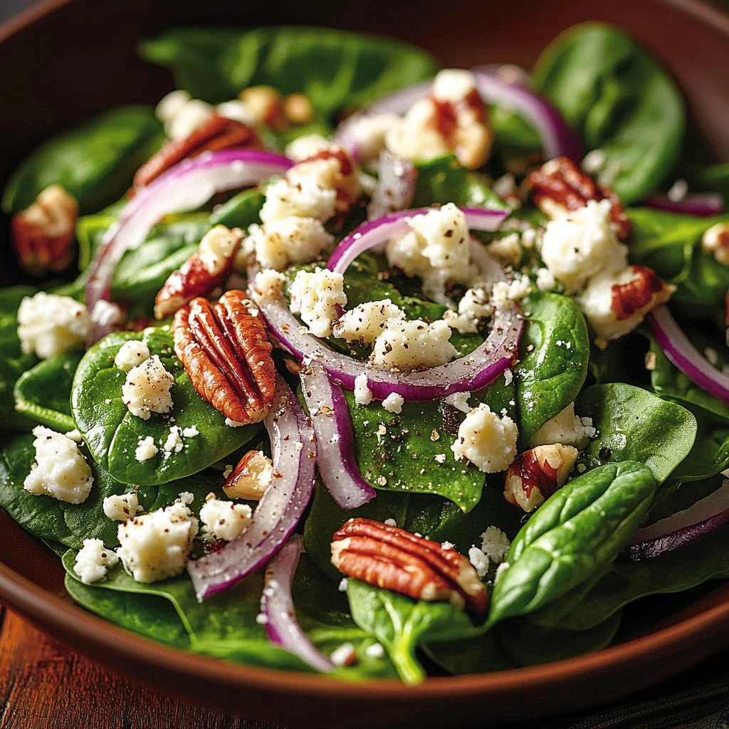 Fresh spinach salad with poppy seed dressing served in a bowl