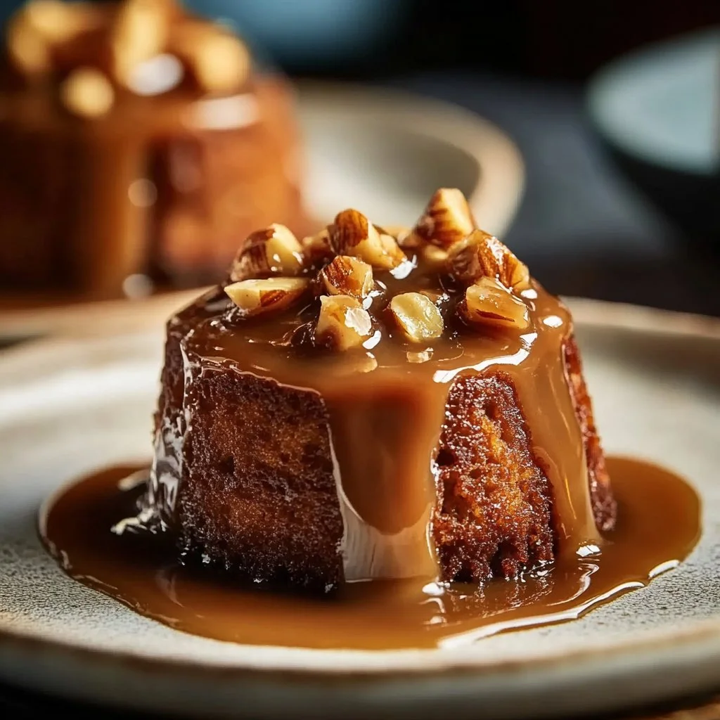 Delicious sticky toffee pudding with warm toffee sauce served on a plate