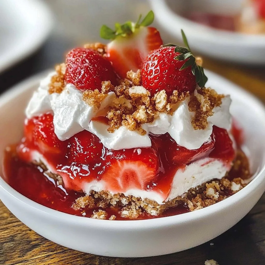 Delicious Strawberry Pretzel Salad with a creamy layer and crunchy pretzel crust.