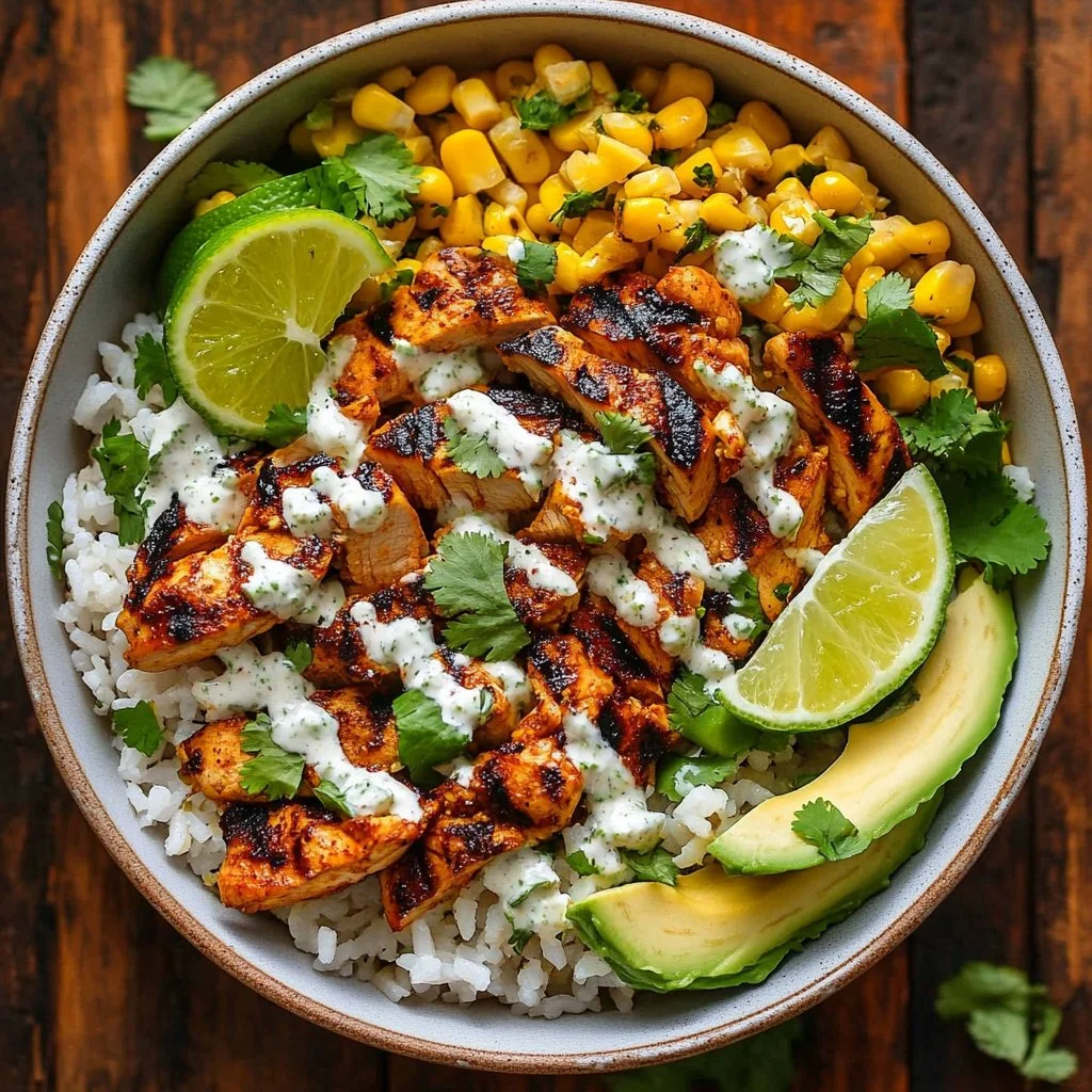 Delicious Street Corn Chicken Bowl topped with fresh ingredients and vibrant flavors.