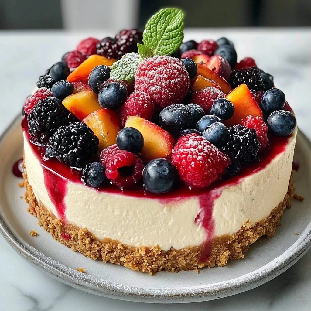 Summer berry peach cheesecake topped with fresh fruits
