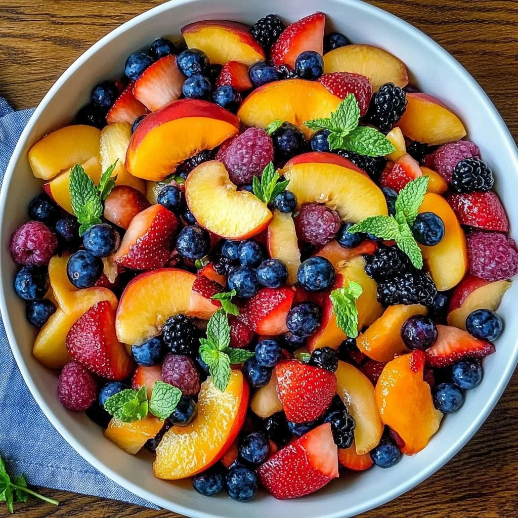 Fresh summer peach fruit salad with colorful fruits and mint garnish.