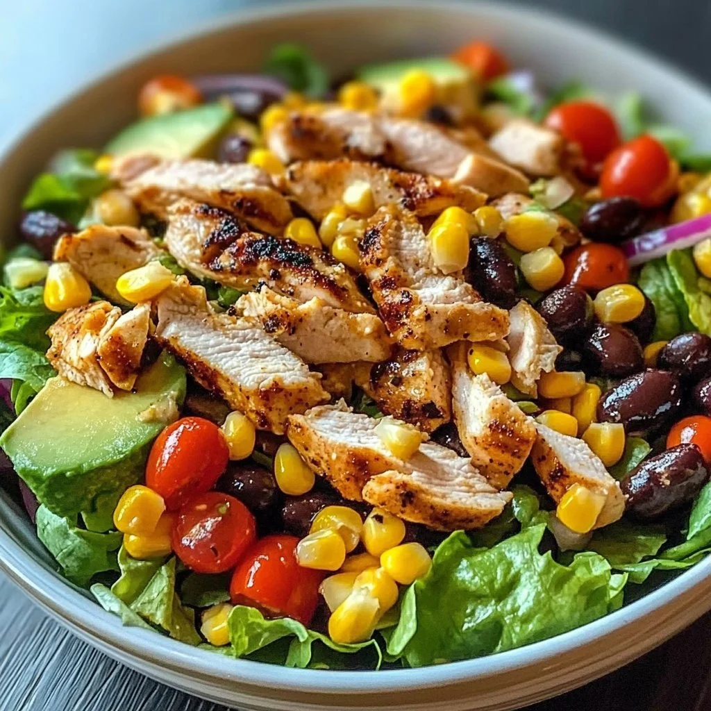 Colorful Taco Chicken Salad with diced chicken, lettuce, tomatoes, and taco toppings