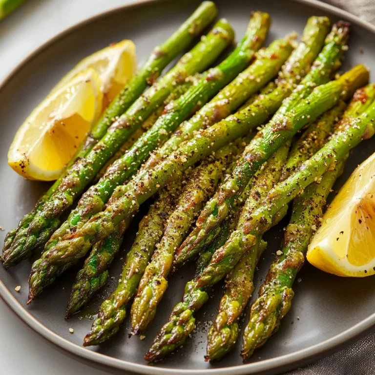 Crispy air fryer asparagus served on a plate with seasoning