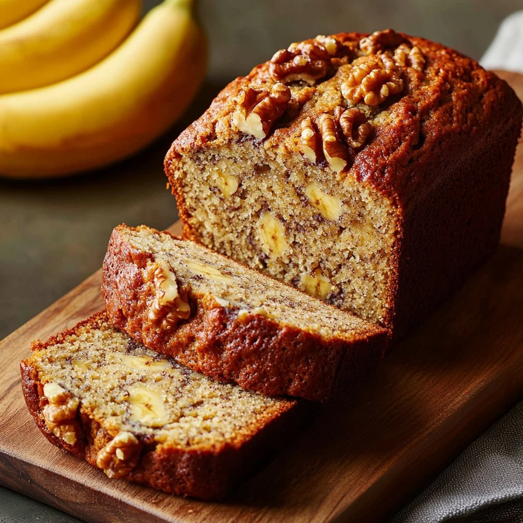 Loaf of moist, delicious banana bread on a wooden cutting board