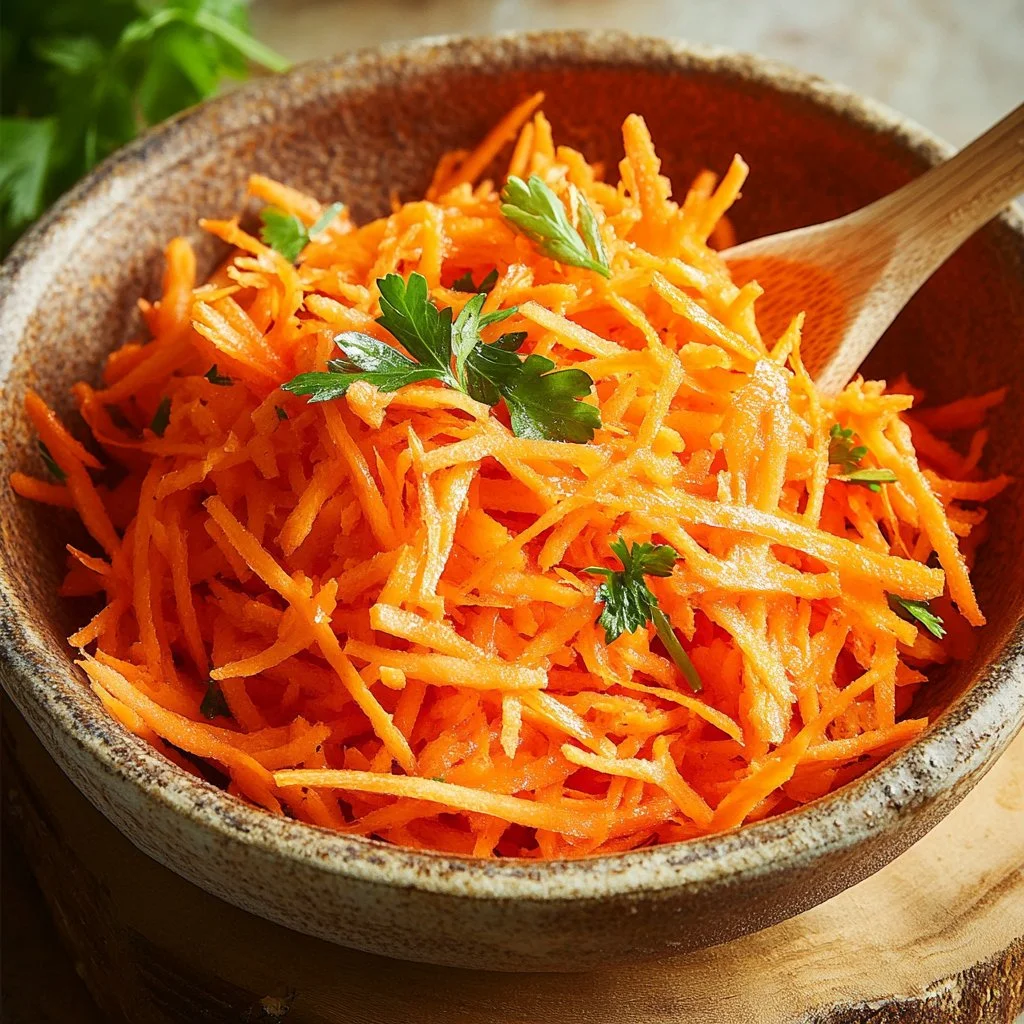 Fresh shredded raw carrot salad in a bowl with colorful toppings