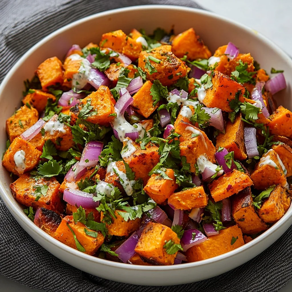 A vibrant bowl of sweet potato salad featuring colorful vegetables.