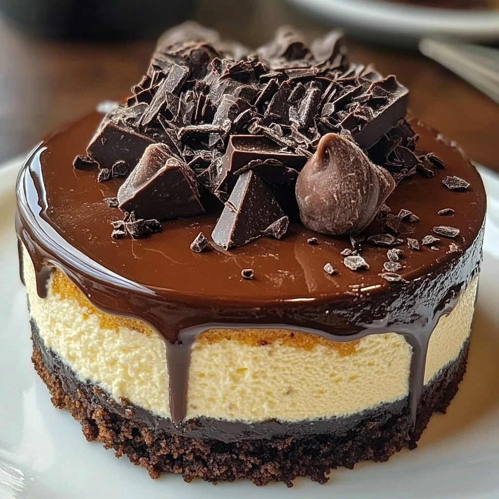 Slice of triple chocolate cheesecake with rich chocolate layers and toppings