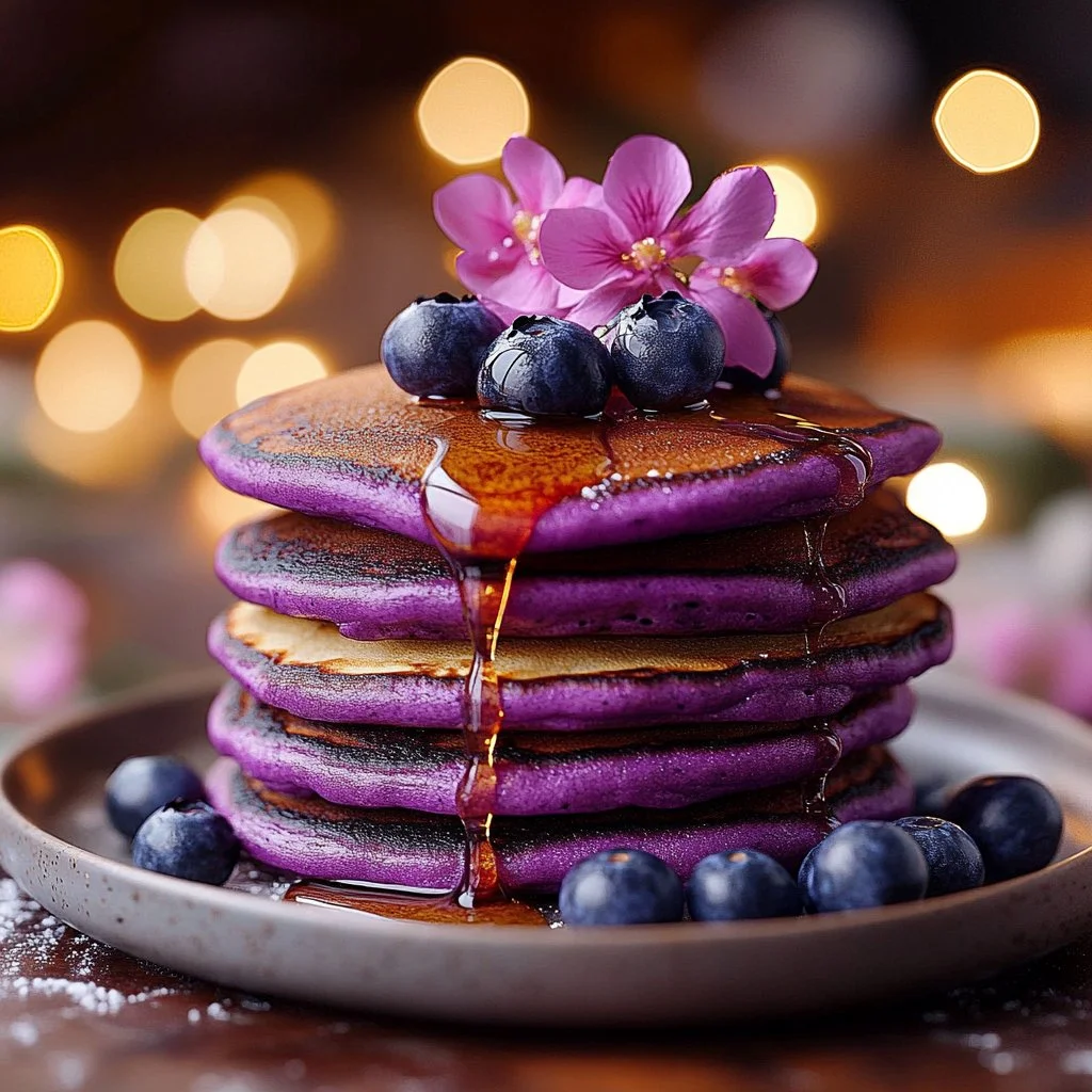 Deliciously fluffy ube mochi pancakes topped with syrup and berries.
