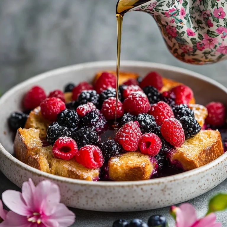 Vegan Berry French Toast Casserole topped with fresh berries