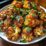 Whole roasted cauliflower with spicy sriracha honey glaze on a serving platter
