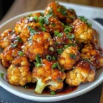 Whole roasted cauliflower topped with spicy sriracha honey glaze on a plate.
