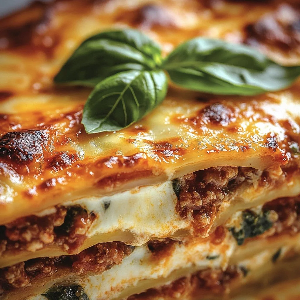 Zucchini lasagna layered with turkey meat and cheese.