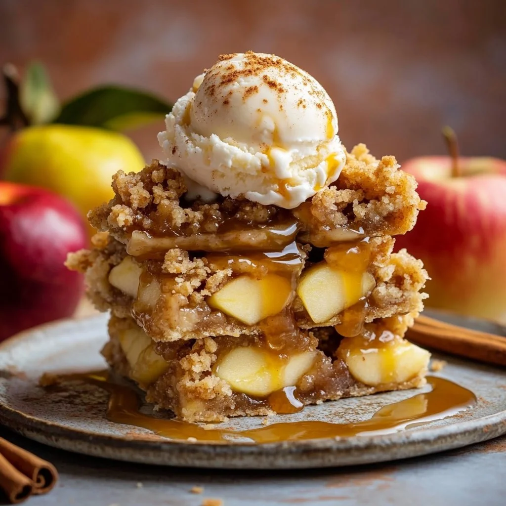 Homemade apple pie bars with oat streusel topping on a wooden table