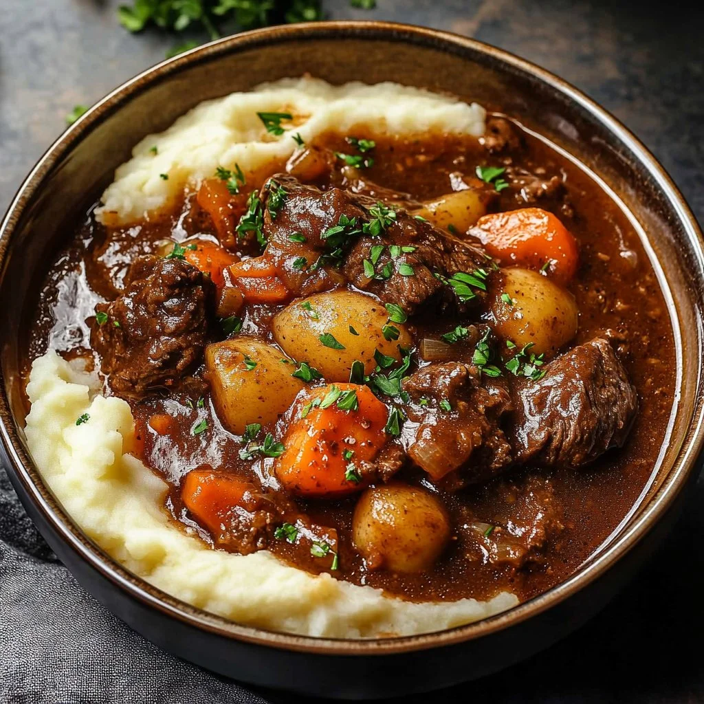 Delicious Beef and Guinness Stew served in a bowl with fresh herbs.