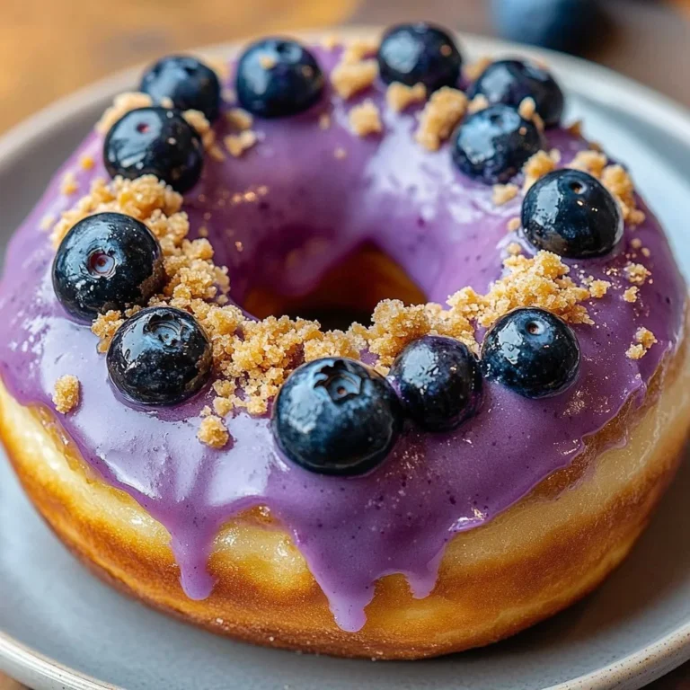 Blueberry glazed donut topped with fresh blueberries and icing