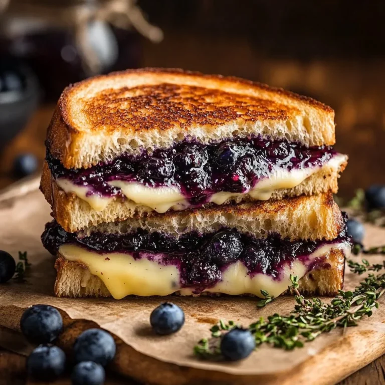 Delicious blueberry grilled cheese sandwich served with fresh blueberries.