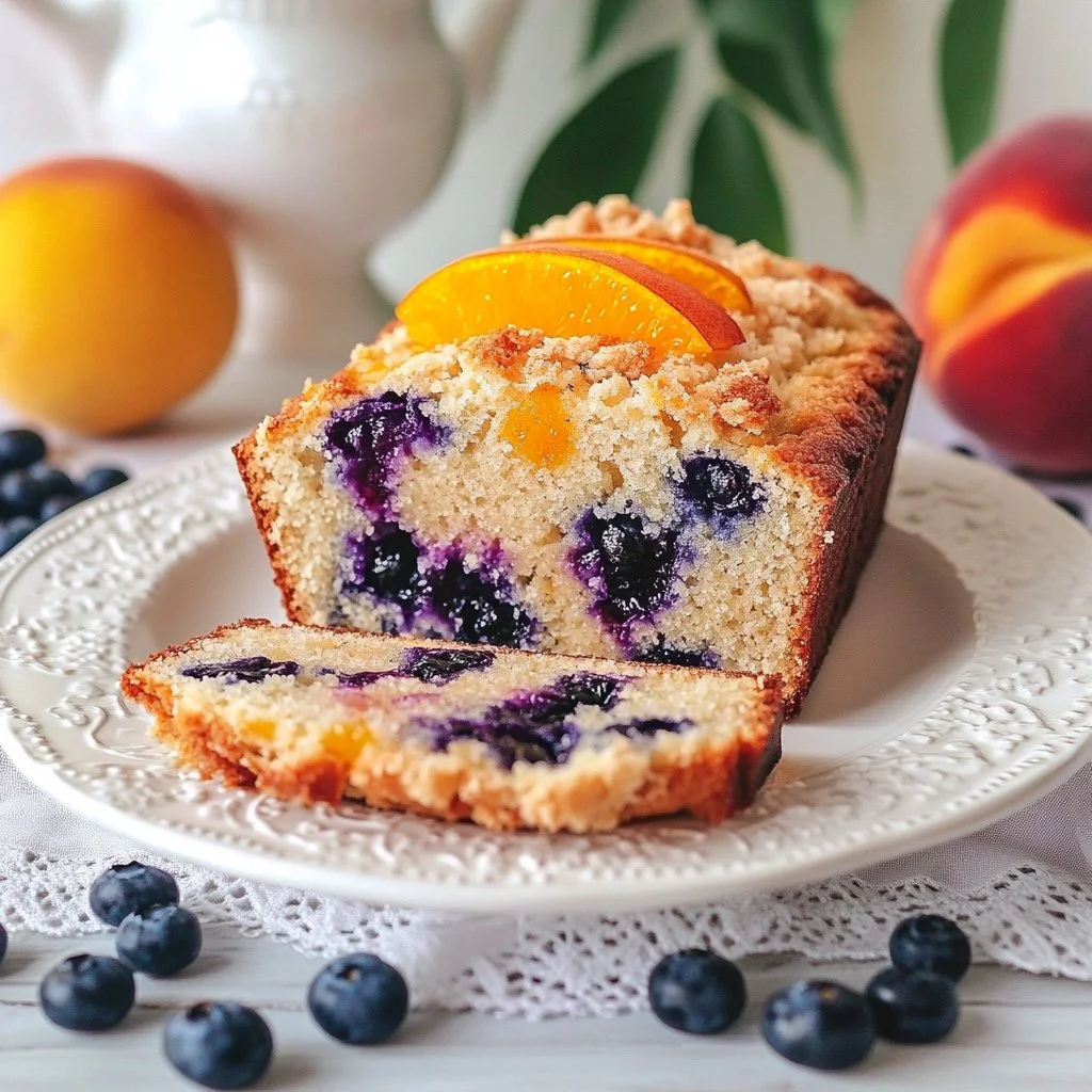 Freshly baked blueberry peach bread loaf with fruits on the side.