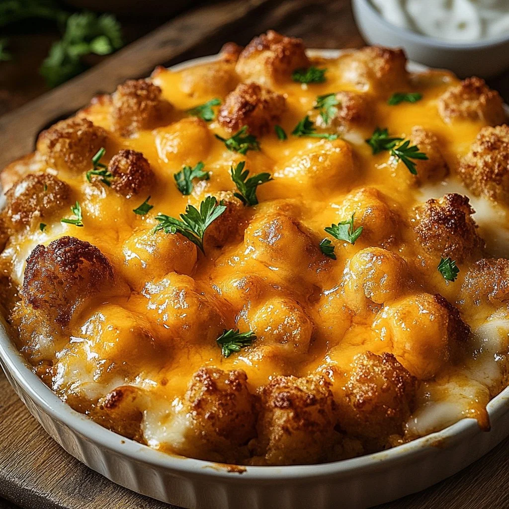 Cheesy Meatloaf and Tater Tot Bake dish served on a plate