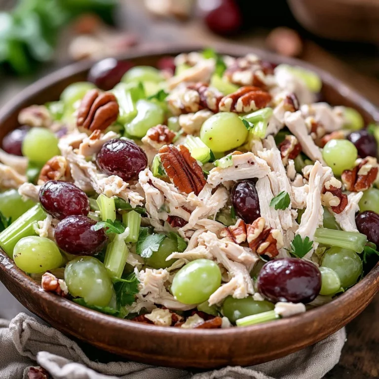 Chicken salad with grapes and pecans served in a bowl.