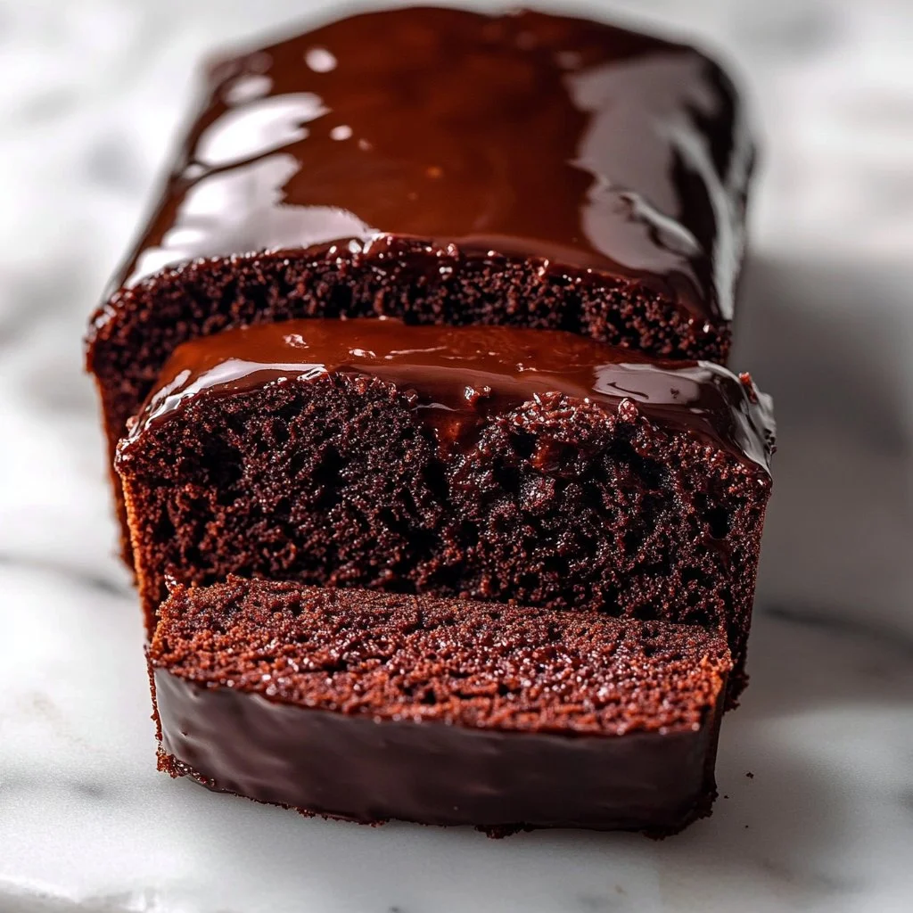 Delicious chocolate loaf cake with a glossy chocolate glaze on top