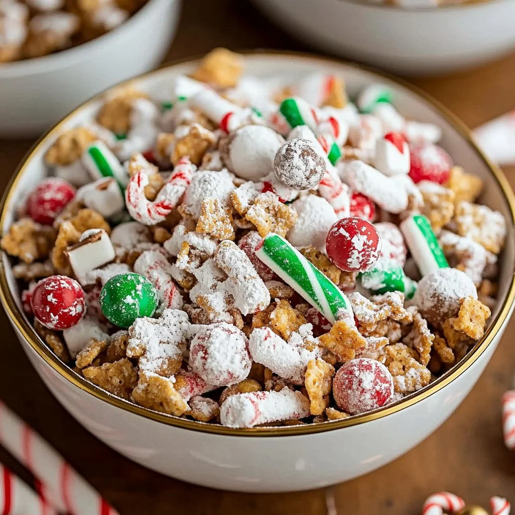 A bowl of colorful Christmas Chex Mix with festive holiday decorations.