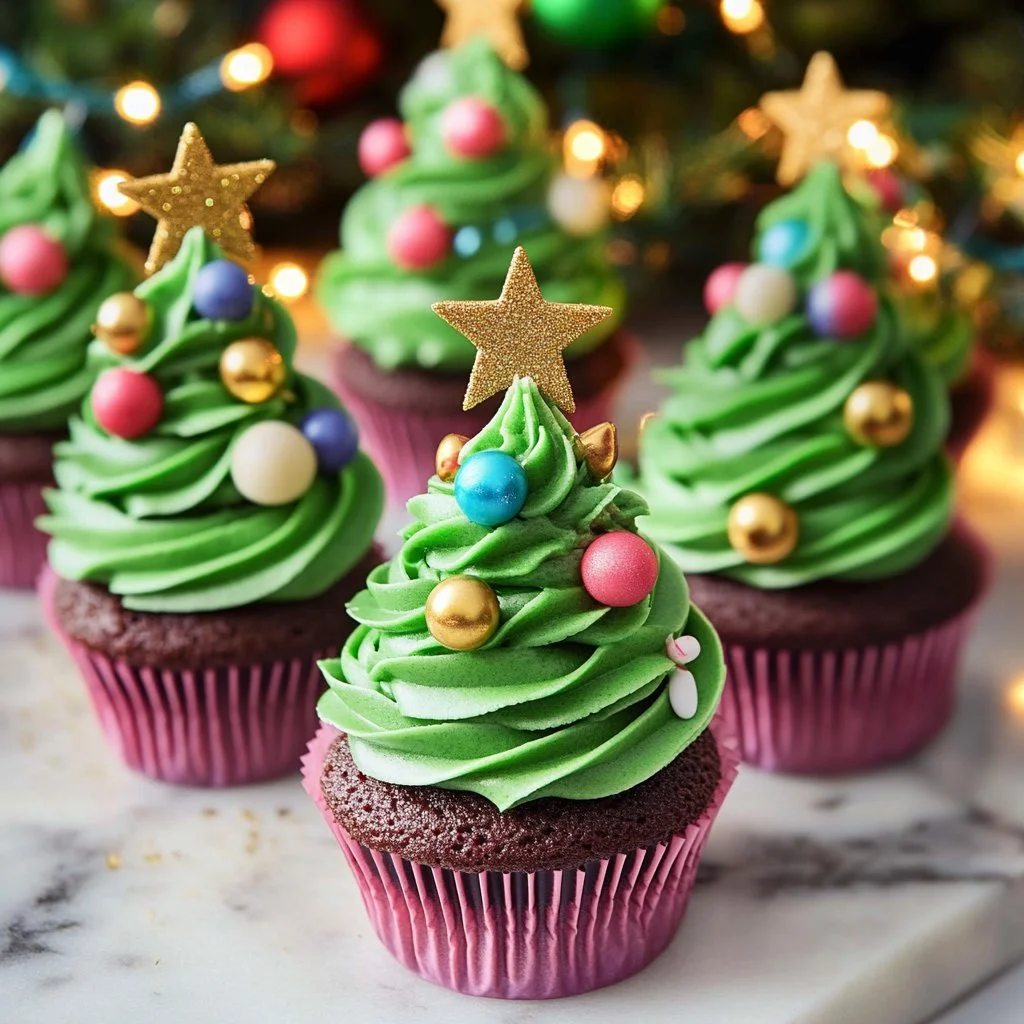 Decorative Christmas tree cupcakes with frosting and sprinkles on a festive plate