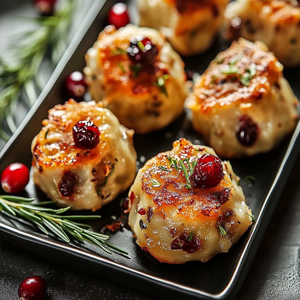 Cranberry and Turkey Stuffing Balls served on a festive plate