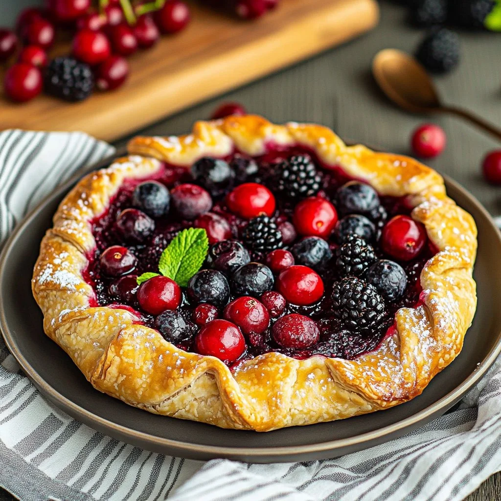 Homemade cranberry galette with golden crust and fresh cranberry filling