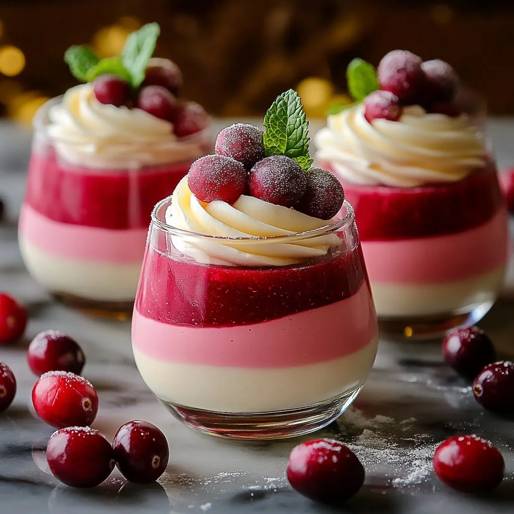 Delicious cranberry mousse cups topped with fresh cranberries
