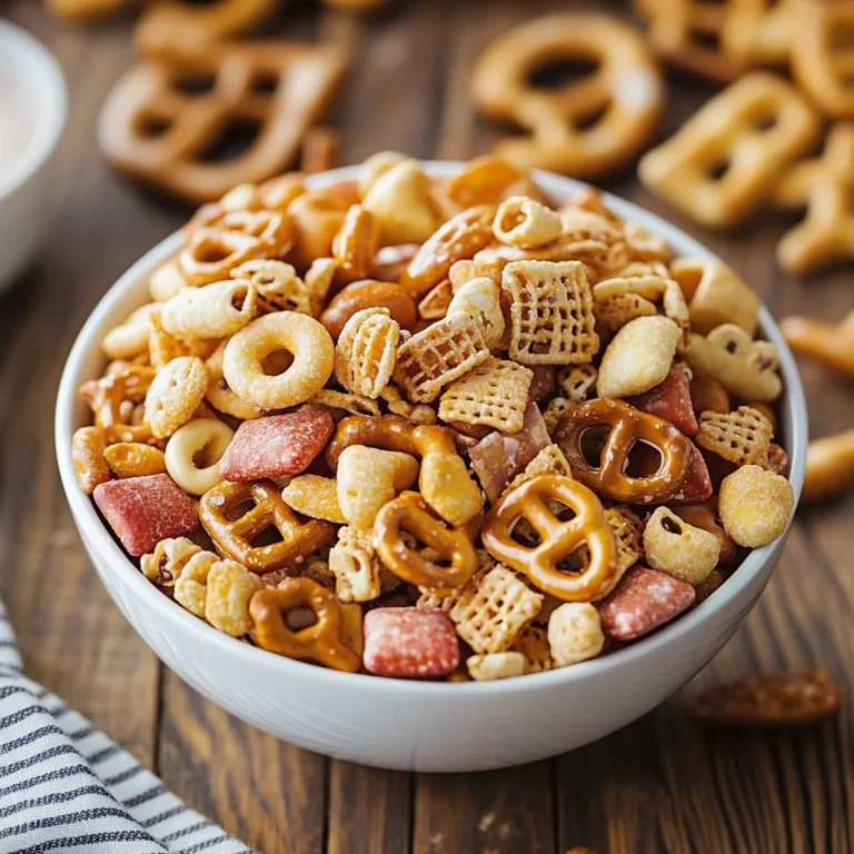 Bowl of homemade Crockpot Chex Mix with various snacks and seasonings.