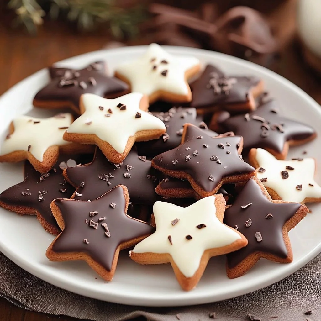 Dark chocolate dipped shortbread star cookies on a plate
