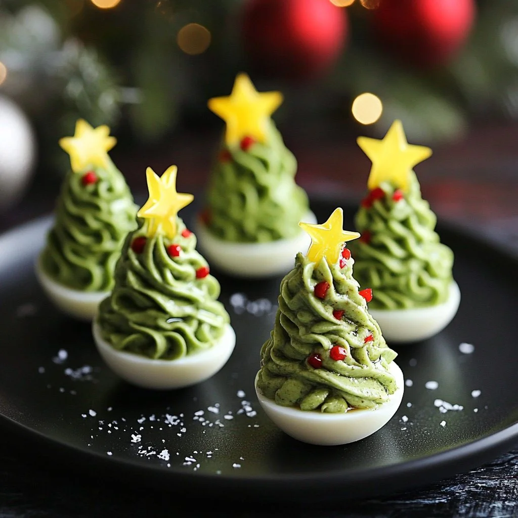 Deviled egg Christmas trees arranged on a festive platter
