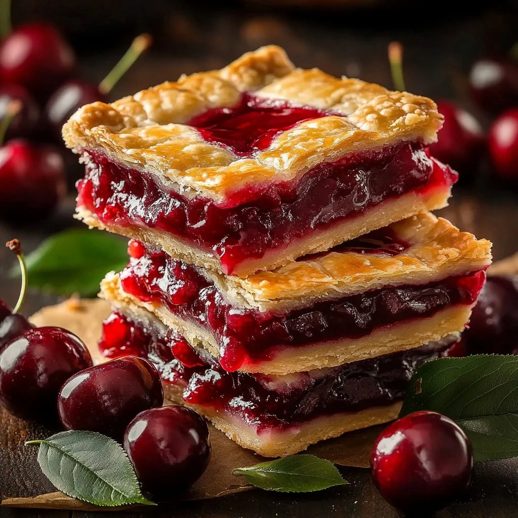 Easy cherry pie bars served on a plate with fresh cherries