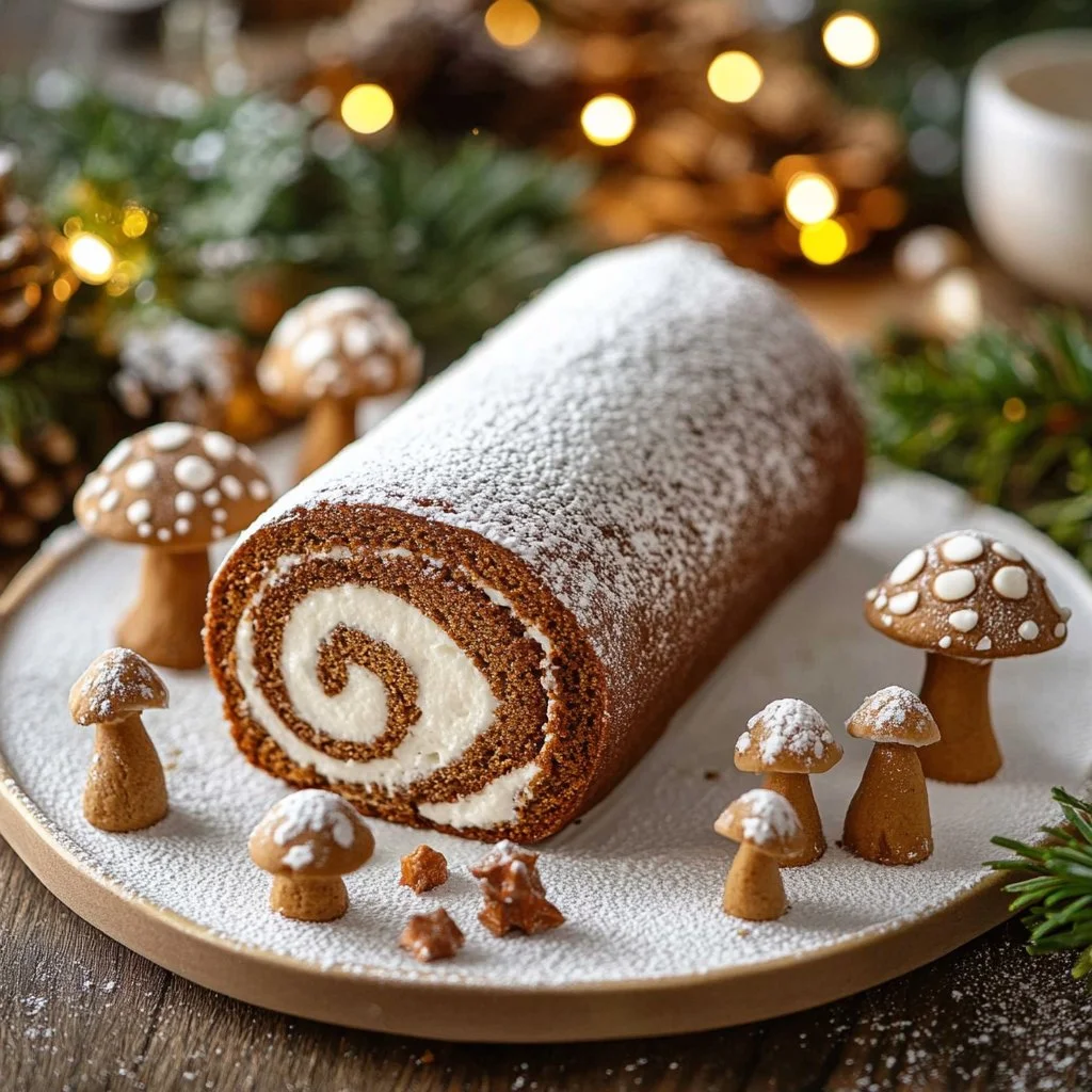 Gingerbread Swiss Cake Roll decorated with festive frosting and spices