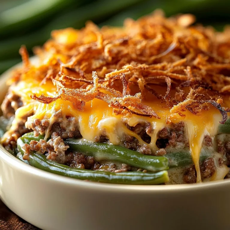 Delicious hamburger green bean casserole served in a baking dish