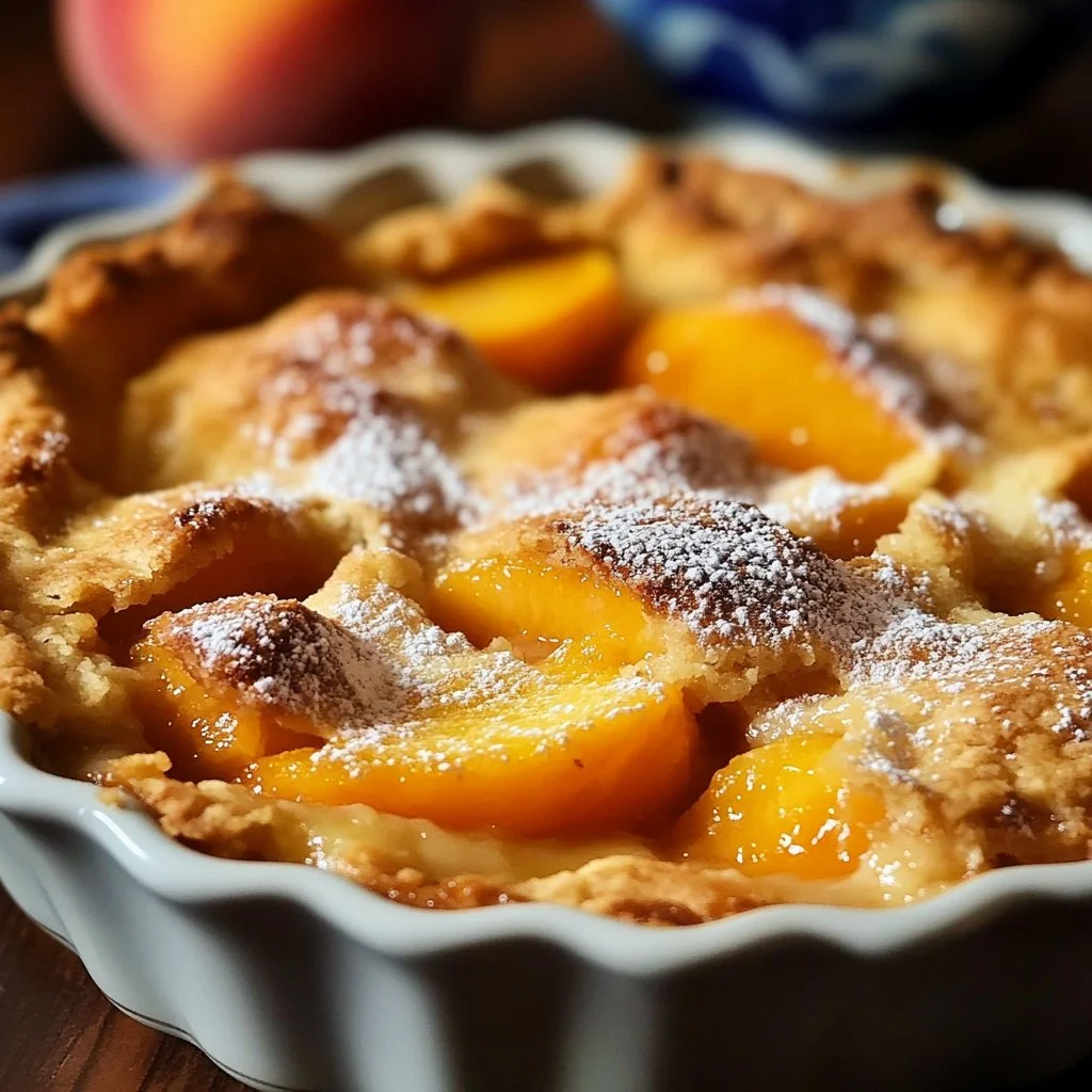 Lazy Man's Pie Peach Cobbler served in a baking dish