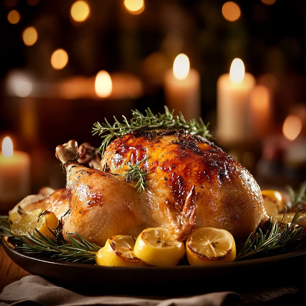 Lemon Garlic Roast Chicken served with herbs and lemon slices