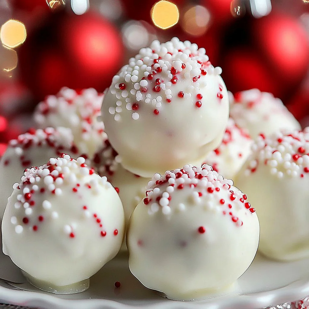 No-bake peppermint bark snowballs ready to enjoy during the festive season.