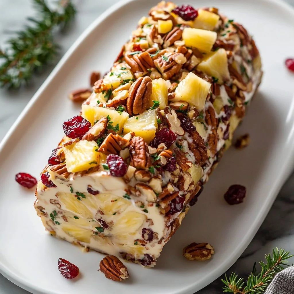 Pineapple Cranberry Holiday Cheese Log served on a festive platter