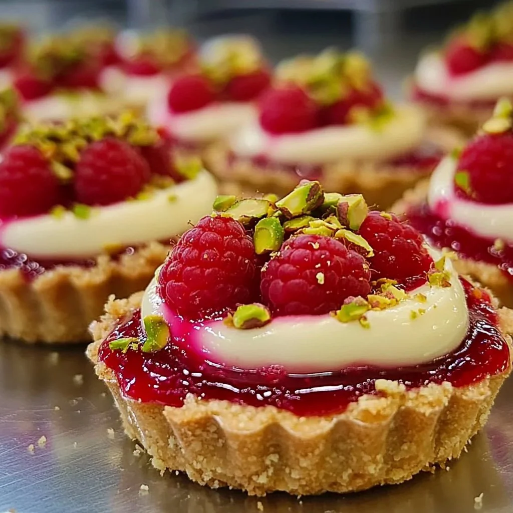 Raspberry and White Chocolate Tartlets garnished with fresh raspberries