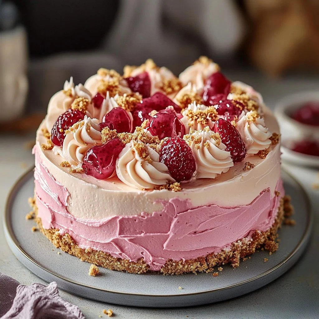 Slice of Rhubarb Ginger Nut Cheesecake topped with fresh rhubarb and nuts