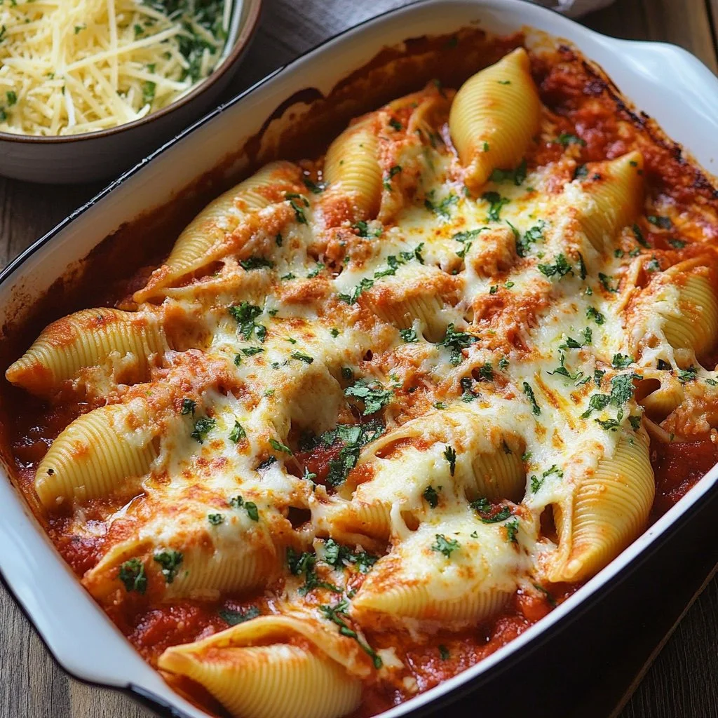 Stuffed shells filled with sausage and spinach topped with savory sauce