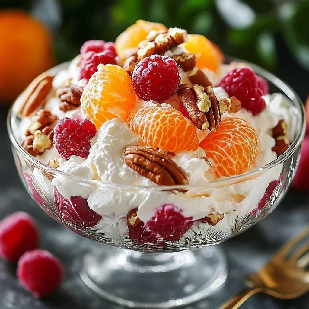 Delicious bowl of Ambrosia Salad with fruit and marshmallows