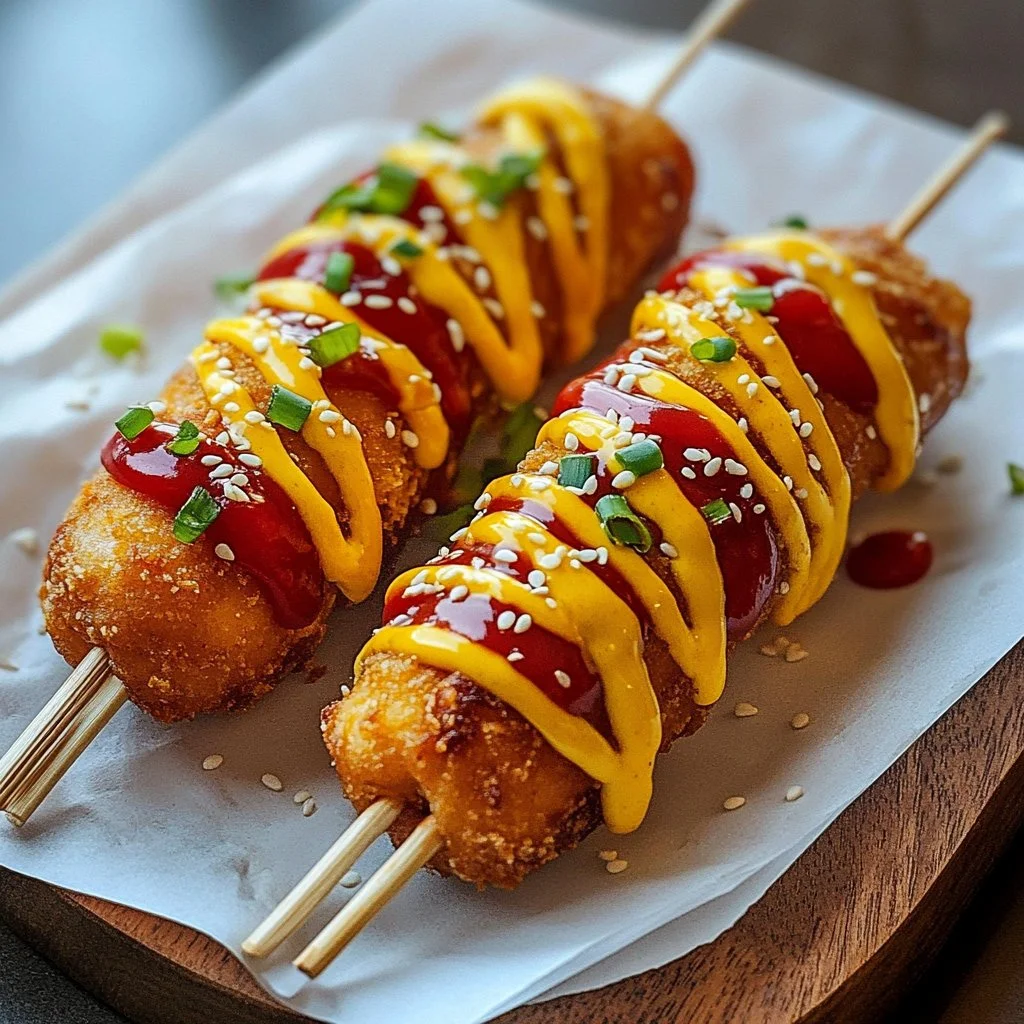 Homemade Korean corn dog with crispy batter and cheese filling.